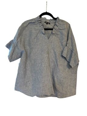 Boho Chic Blue Ruffled V-Neck Linen-Blend Top